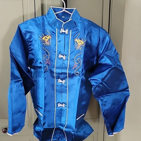 Authentic Korean War Era Blue Satin Pajama Set with Dragon Embroidery - Picture 2 of 2